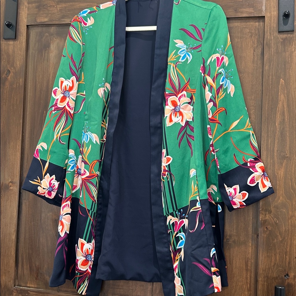 E36 Chico's Japanese Kimono Reversible Botanical Green Navy Mid Length Sz 1